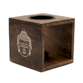 Large Square Mango Wood Oil Burner- Buddha Face