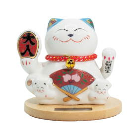 Solar Money Cat Wooden Base  - Blue moving Hand