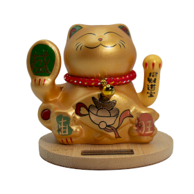 Solar Money Cat Wooden Base  - Gold moving Hand
