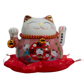 Ceramic Money Cat Moving Hand  - Pink on Cushion (battery not included)