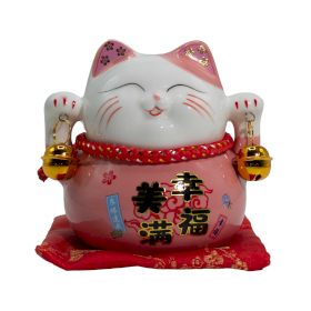 Ceramic Money Cat Bank - Pink on Cushion