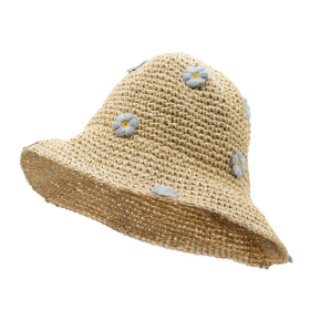 Floppy Straw Sun Hat - Biege & Blue Flowers