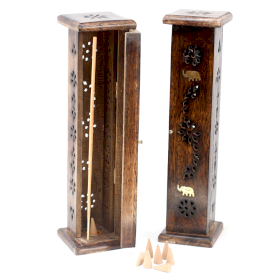 2x Square Incense Tower - Brass inlay - Mango Wood