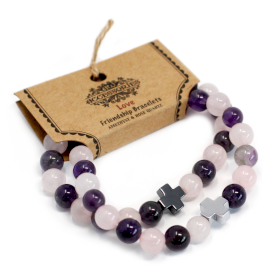 2x Set of 2 Gemstones Friendship Bracelets - Love - Amethyst & Rose Quartz