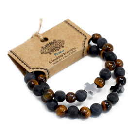 2x Set of 2 Gemstones Friendship Bracelets - Power - Tiger Eye & Black Stone