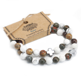 2x Set of 2 Gemstones Friendship Bracelets - Piece - Picasso Jasper & White Howlite