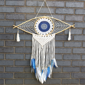 Protection Dream Catcher - Lrg Macrame Evil Eye White/ Blue/Grey