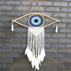 Protection Dream Catcher - Lrg Macrame Evil Eye Blue/White/Black