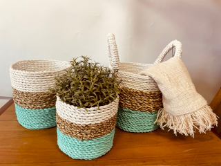 Seagrass Basket Set - Green / Natural / White