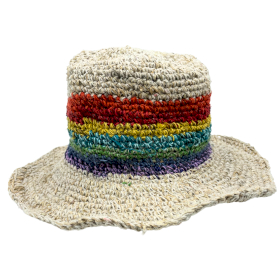 3x Hand-Knited Hemp & Cotton Boho Festival Hat - Rainbow