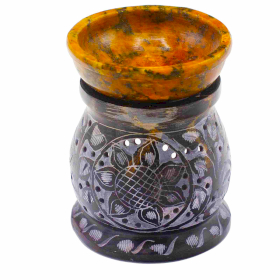 Soapstone Oil Burner 10cm - Mandala Flower - Black & Yellow