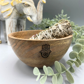 3x Wooden Smudge and Ritual Offerings Bowl - Hamsa - 13x7cm