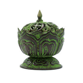 Brass Verdigris Tibetan Incense Burner - Small Lotus