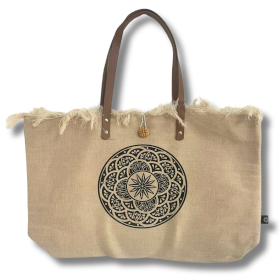 Natural Tote Bag Leather Handle - Flower of Life