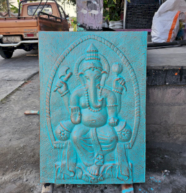 Large Ganpati Turquoise Relief - 0.7x1m