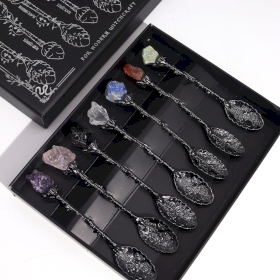 Set of 7 Dark Silver Gemstone Crystal Witch Spoons