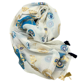 Nomad Sari - Pareo - White , Blue & Gold Evil Eye Design