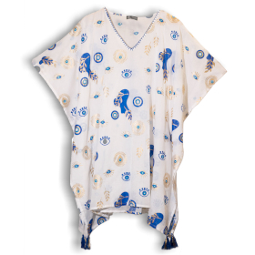 Nomad Sari - Kaftan - White , Blue & Gold Evil Eye Design