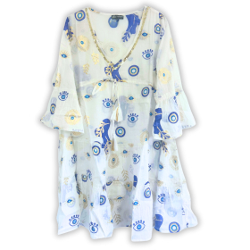 (ML) Nomad Sari On the Med Collection - Dress -  White , Blue & Gold Evil Eye Design