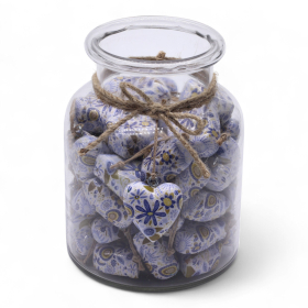 50x Large Decor Wood Hearts -  Blue Floral (50) - in Display Jar