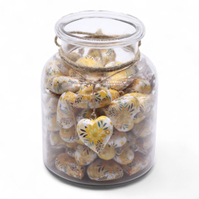 50x Large Decor Wood Hearts -  Yellow Floral (50) - in Display Jar