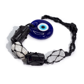 Hanging Stone Pendant - Black Tourmaline & Selenite Tumble - Evil Eye